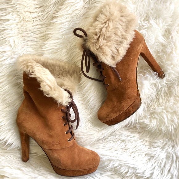 Gucci Shoes - GUCCI SUEDE BOOTIES PLATFORM HEELS WITH FUR 8/38